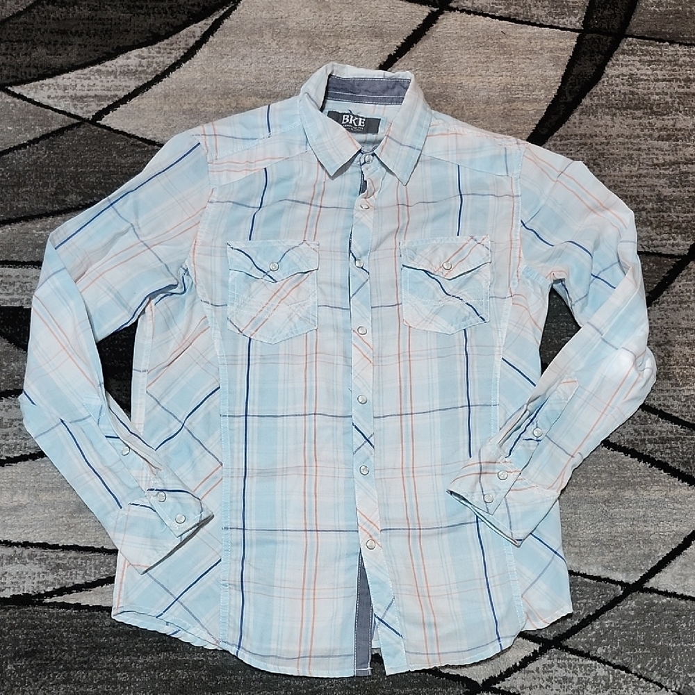 BKE STANDARD FIT PLAID PEARL SNAP-BUTTON LONG-SLEEVED SHIRT MEDIUM